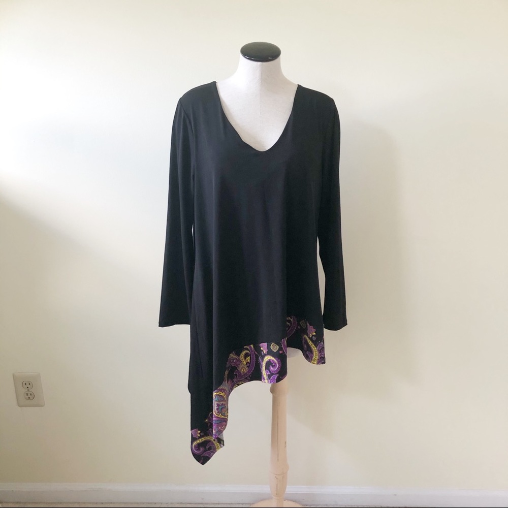 Julian Chang black asymmetrical paisley trim top